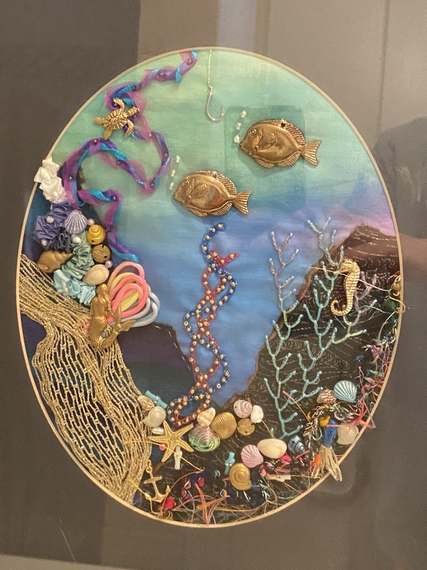 Matted/Framed 16.5x14.5x1 Handmade embellished Oceanscape embroidery Art Picture gallery