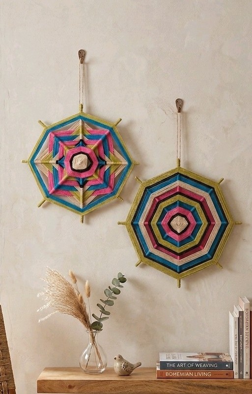 ​Set of 2 Handmade Yarn Mandalas 11" Ojo de Dios Wall Decor Colorful Boho Woven