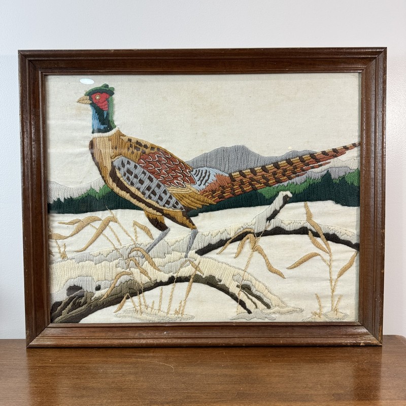 Vintage Framed Ring-Necked Pheasant Embroidery Crewel Rustic Cabin Decor