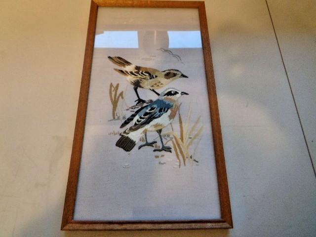 Vintage Embroidery Birds Art Picture on Textile Framed 15.5x8.5 c1970s Used gallery