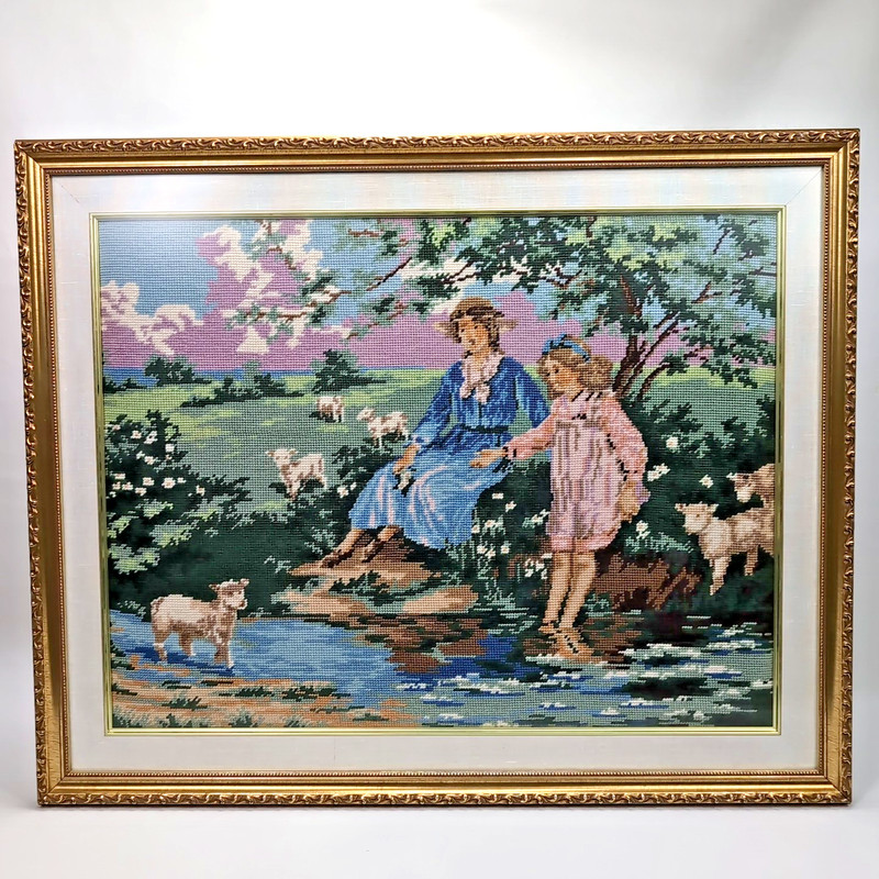 Framed Victorian Petit Point Needlepoint Art – Mother, Daughter & Sheep Scene