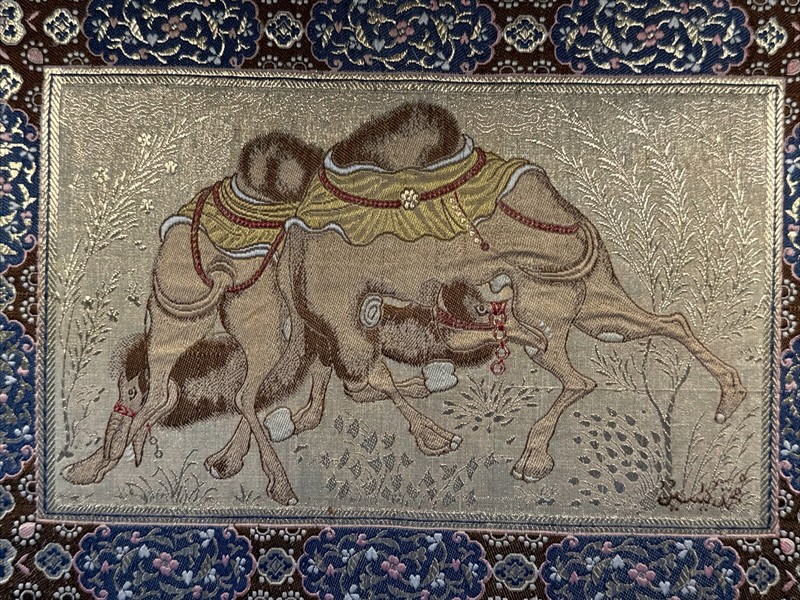 Signed Vintage Silk “Two Camels Fighting “ Persian Tapestry Needle Point Indian gallery