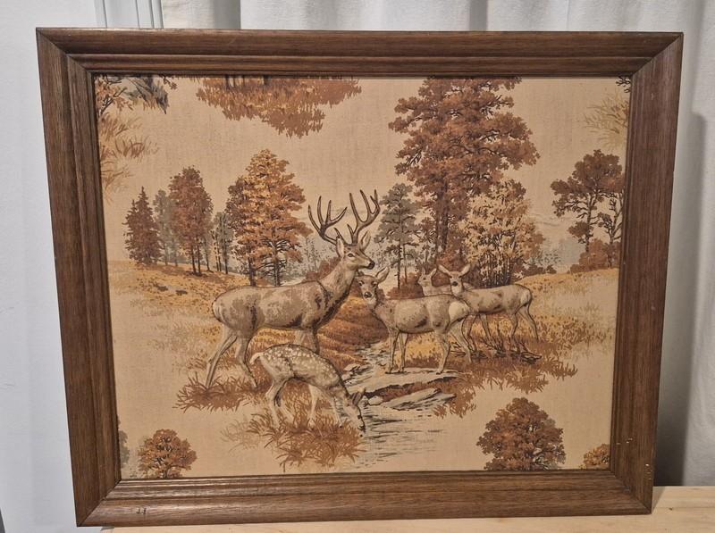 Vintage 1970s Raised Fabric Deer Framed Art Wall Hanging Picture 22.5″ x 18.5″