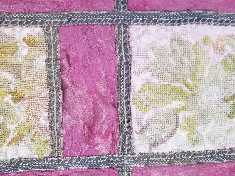 Antique French Silk Damask & Petitpoint Patchwork Textile 177x46cm gallery