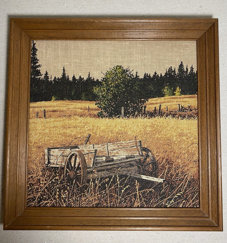 VTG R. Batchelder Framed Linen Autumn Country Scene Fabric Print 15.5 X 15.5