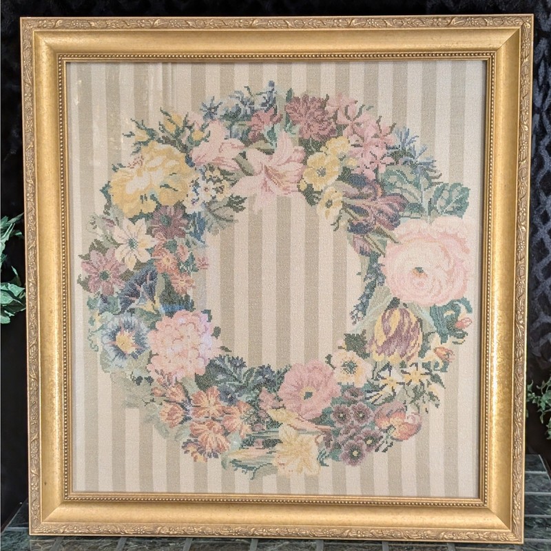 Large Hand Embroidered Floral Wreath Framed Gold Vintage Cottage Regency Decor