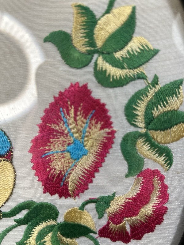 1960s Handmade Embroidery Of Tropical Parrot Wooden Oval Frame 11”x8.5” gallery