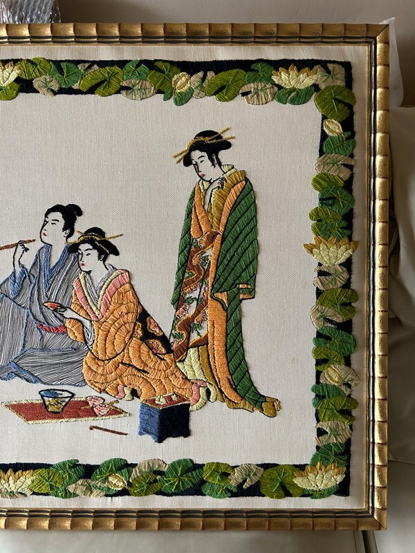 Japanese Geisha Embroidered Needlepoint Hand Stitched Art Framed Picture 38x26" gallery