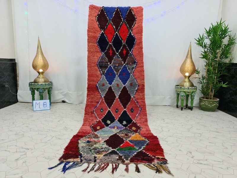Vintage Moroccan Handmade Rug 2’9″x8’8″ Geometric Berber Red Gray Wool Rug