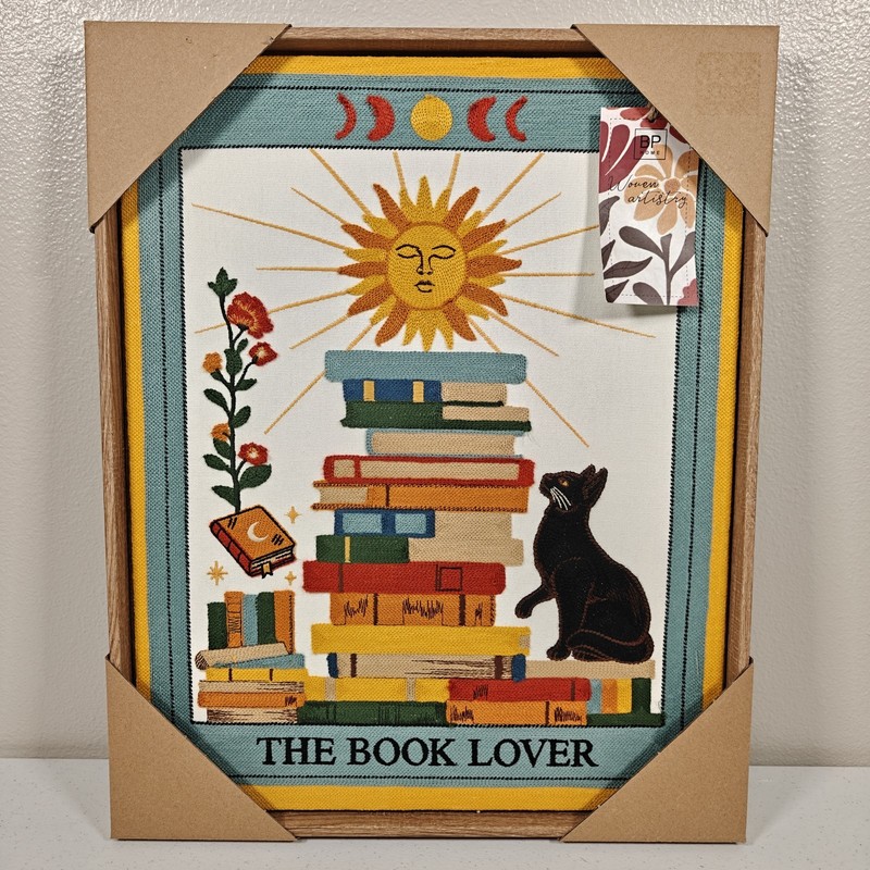 New BP Home Woven Embroidered Textile Wall Art The Book Lover Cat 16.5 X 20.5