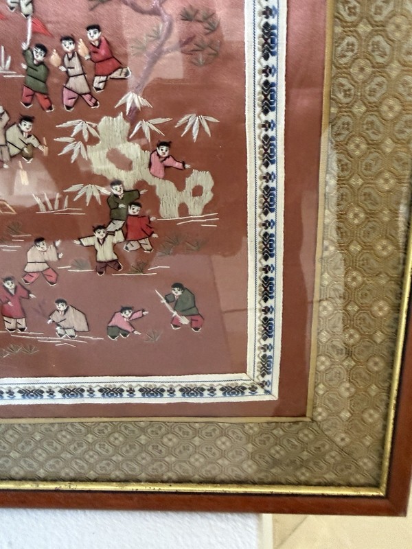 Framed Embroidered Silk Tapestry Children Birds Dragon People Nature Art gallery
