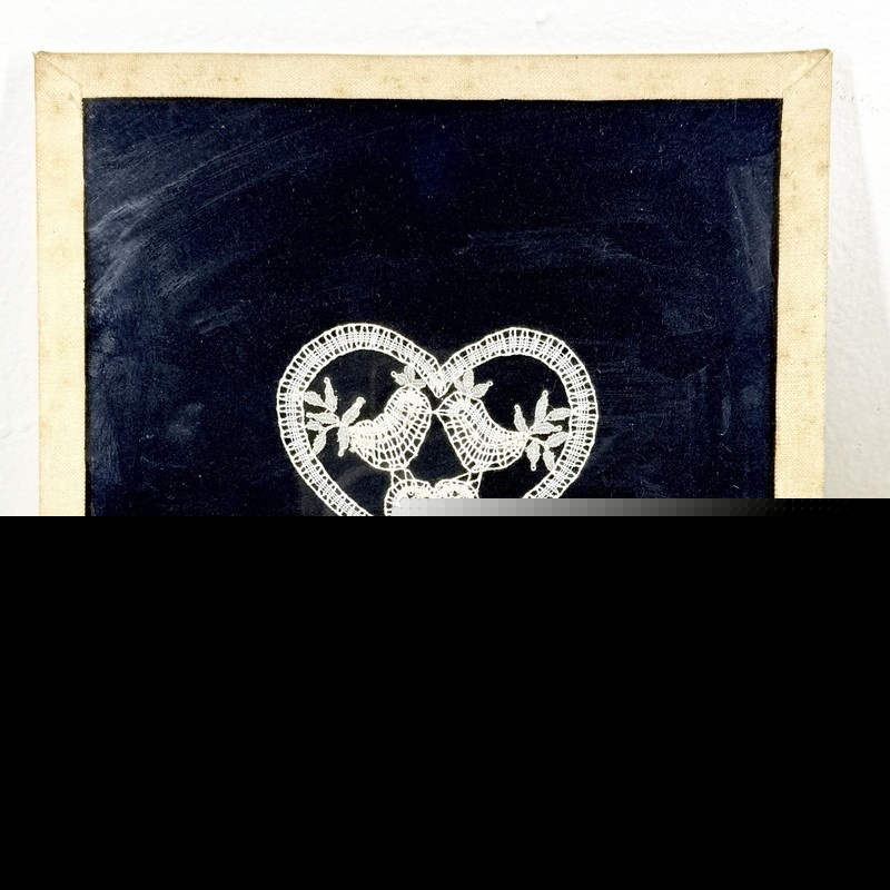 CZECH Bobbin Lace VTG Sampler Framed TURTLE DOVES w/HEART Wall Hanging Dark Blue