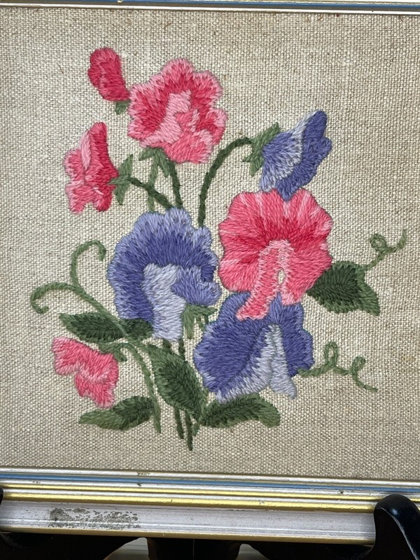 Crewel Embroidered Flower Framed Art 8 & 3/8” Square Vintage Cottage Floral gallery
