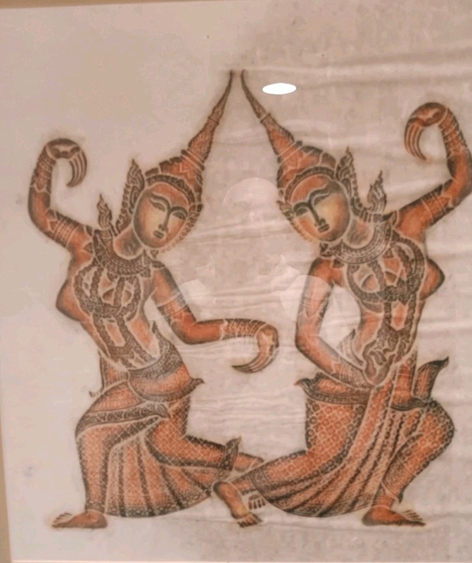 Vintage 1970's Thai Temple Rubbing-Two Ramakien Dancers- Framed Art 27"H × 24"W gallery
