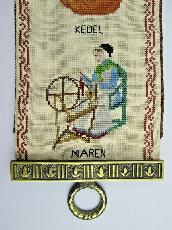 Vintage 1966 Danish Cross Stitch with Brass Ends Folkart Wall Hanging 45½ x 5¾ gallery