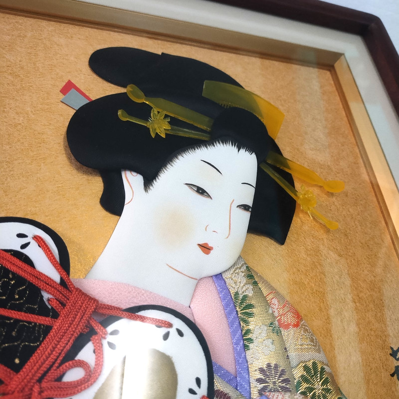 Japanese Geisha 3D Shadow Box Silk Porcelain Kimono Wall Art Wood Frame 13"x14" gallery
