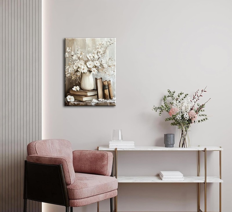 Vintage Books Canvas Wall Art Farmhouse Rustic Floral Painting Picture Wall D... gallery