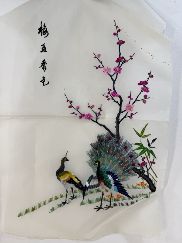 Vintage Chinese Silk Embroidery Peacock Tree Pink Cherry Blossom Flower Wall Art