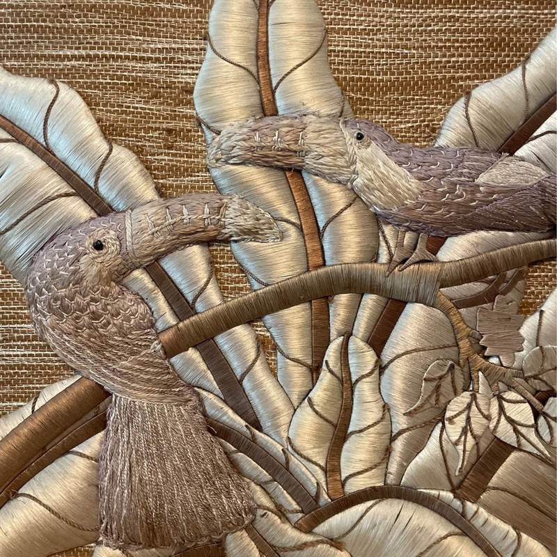 Don Freedman 1993 woven art Tropical Toucans Jute Silk Blend Vintage Decor gallery