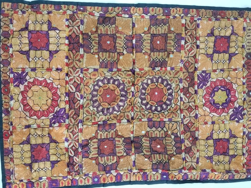 Vintage Traditional Indian Mirrorwork Hand Embroidered Textile Panel 34x24 in gallery
