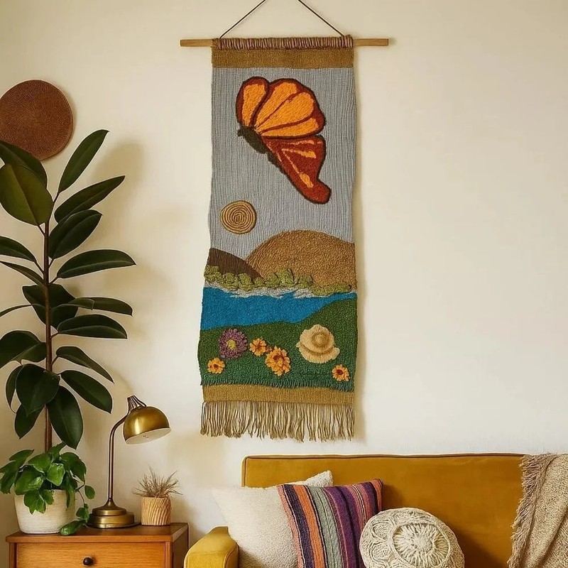 Vintage 1970s Wool Wall Hanging Butterfly & Mountain Scene