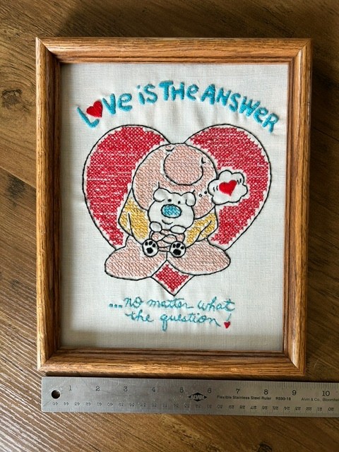 Embroidered Framed Ziggy Art from the 80s, "Love is the Answer" gallery