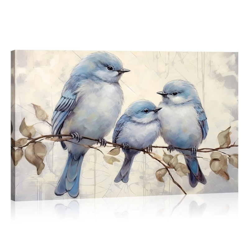 Birds Canvas Wall Art Blue Birds Family Painting Sparrow on Tree Branches Pic…