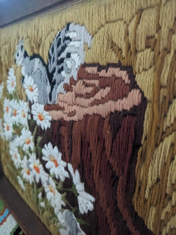Vintage Yarn Crewel Art Squirrel/ Tree/Daisies Framed 70s/80s~ 16"x12" VGUC gallery