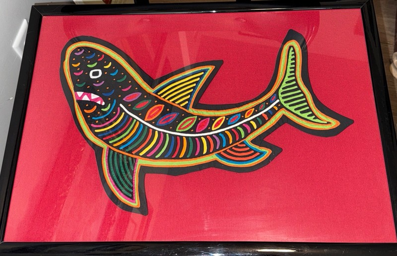 Vintage Kuna Mola Panama Framed Fabric Art Colorful Shark Hand Stitched 24”x 18”