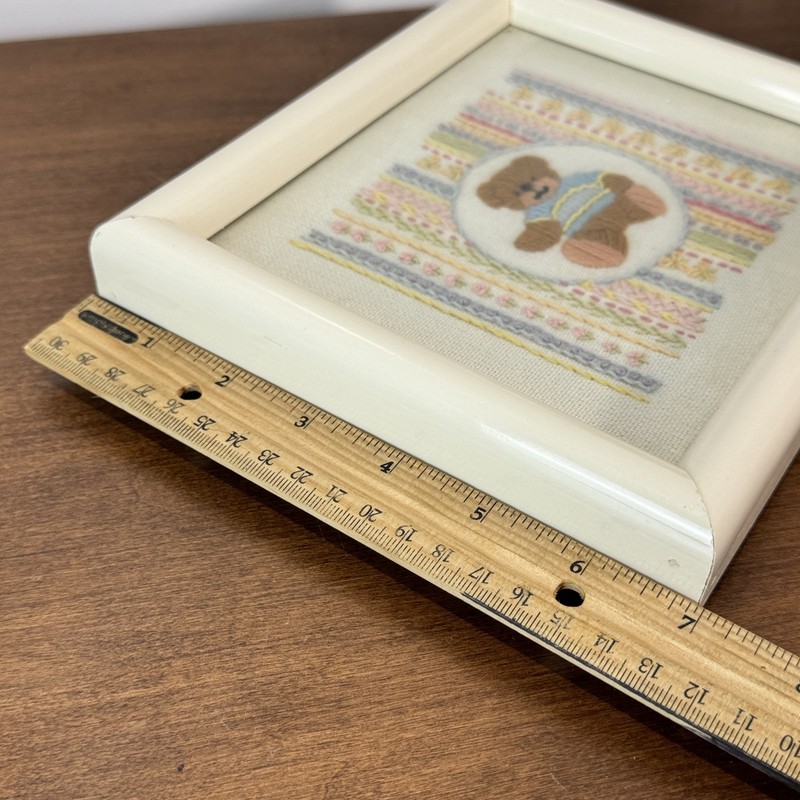 Vintage Framed Teddy Bear Embroidery Art 1985 Handmade Needlepoint Nursery Decor gallery