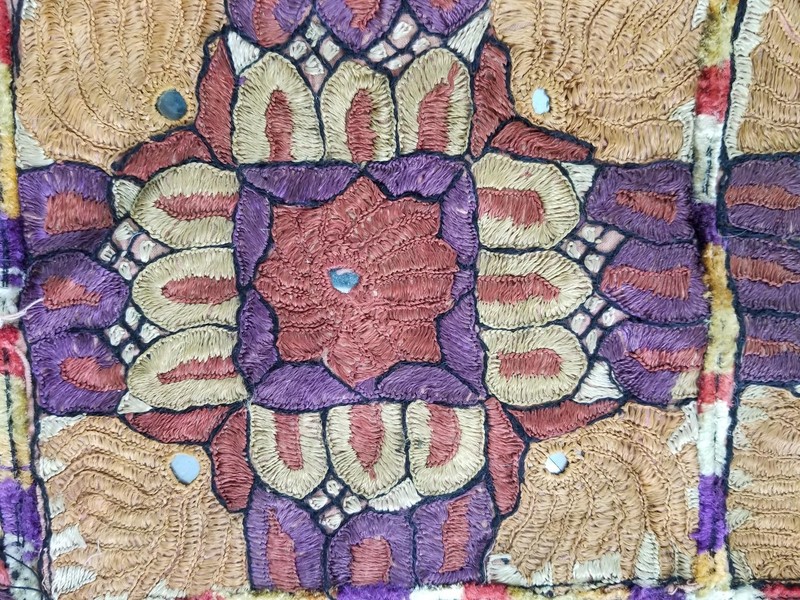 Vintage Traditional Indian Mirrorwork Hand Embroidered Textile Panel 34x24 in gallery