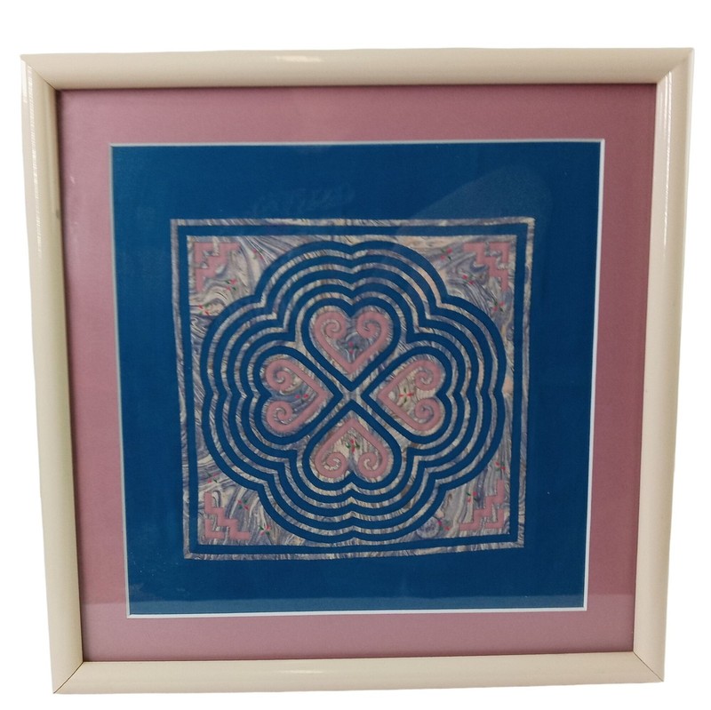 Framed Heart Textile Art Hmong Pandau Needle Design Flower Cloth Pink Blue