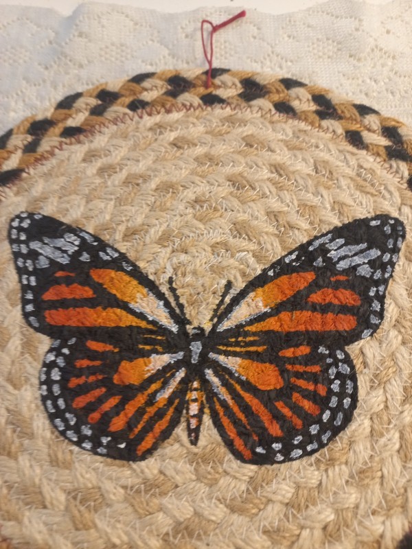 Butterfly Braided Rag Rug 10" Wall Hanging Or Trivet Handpainted Monarch Boho gallery