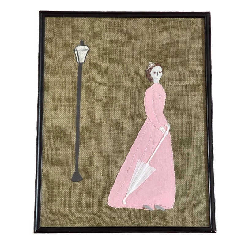 Vtg Mid Century Modern Outsider Art Fabric Street Scene Woman 1970 Kitsch 70s gallery