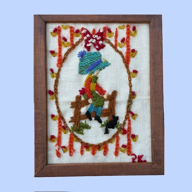Vintage Framed Embroidery Art Boy & Cat on Fence Hand Stitched Textile