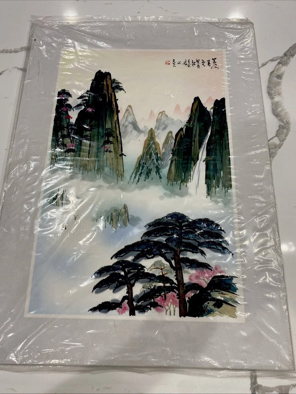 Vintage Hand Cut and Dyed Wheat Stalk On Silk Art Japanese Village Mountains