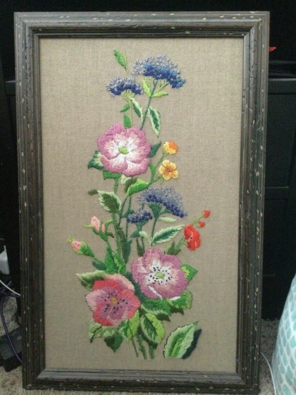 Needlepoint textile antique artwork in brown wood frame floral flower bouquet