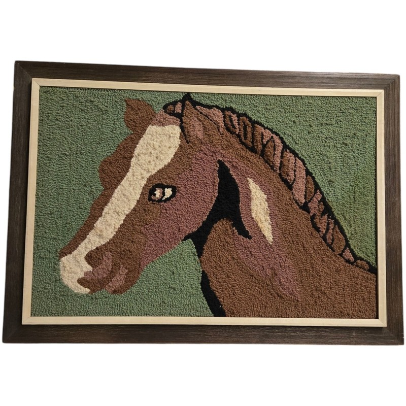 Large Horse Wall Art Hooked Rug Framed Vintage 41 Inch Western Ranch Cottagecore
