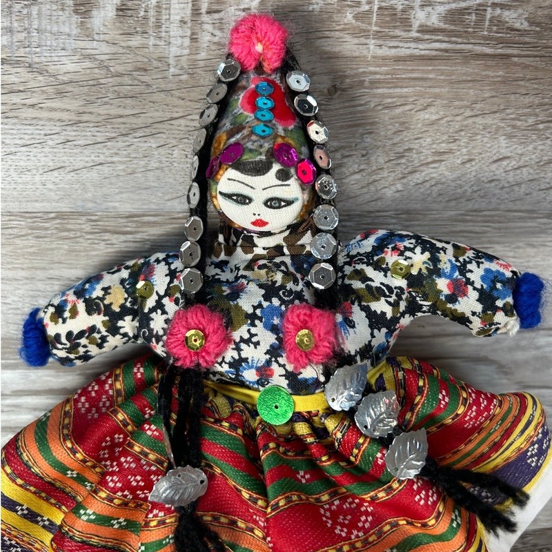 Handmade Fabric Folk Doll with Sequin Trim + Colorful Traditional Dress gallery