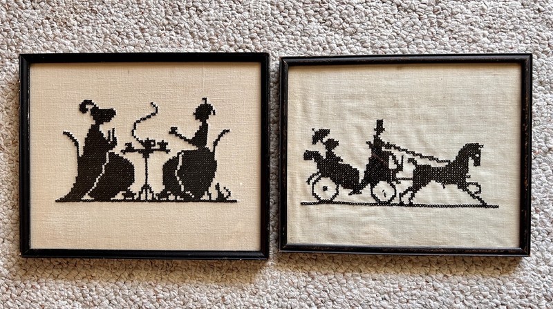 Antique Black Silhouettes Victorian Couple~Horse & Carriage-Framed Needlepoints