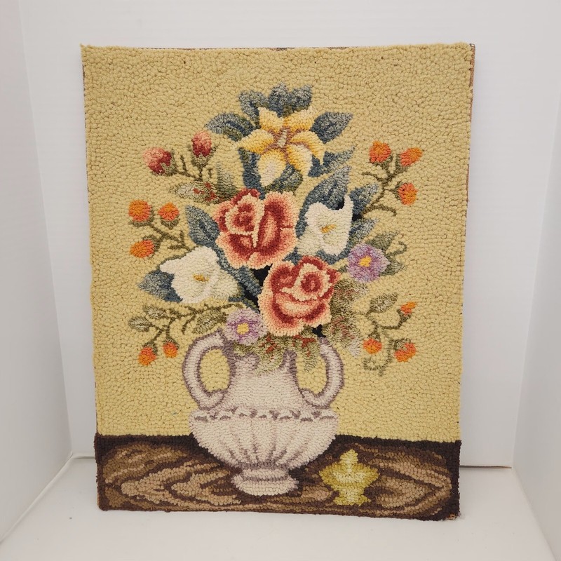 Vtg Floral Hand Hooked Tapistry Crewel Art Picture
