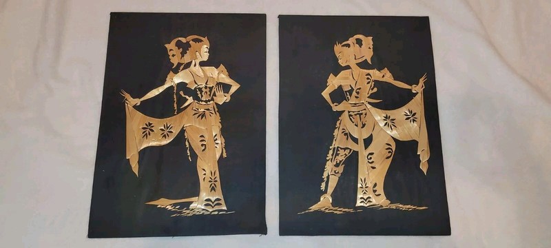 Pair Of Vintage Bamboo Straw Art Marquetry BEAUTIFUL WOMAN DANCING 11.5"×16.5"