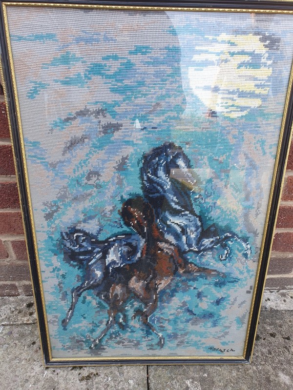 Beautiful Signed Tapestry Of A Mother And Her Foal In Blue And Grey 78cm X 50cm