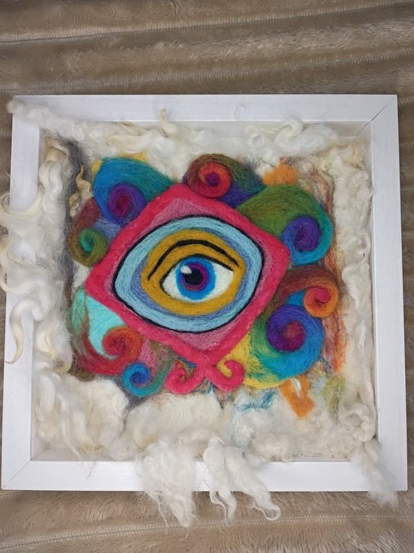 Evil Eye, Phychedelic Inspired, Wet And Needle Felted Art, Raw Alpaca Wool
