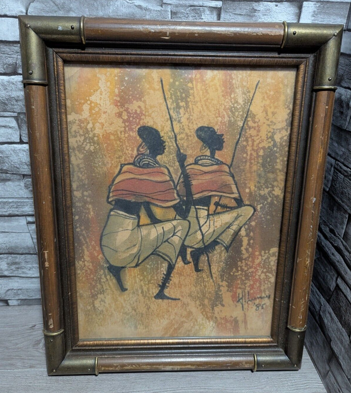 Vintage Henry Lumu Framed 12x16 African Batik Tribal Textile Art Painting Kenya