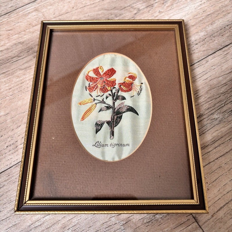 Vintage Framed Floral Flower Art Lilium Tigrinum Mounted Silk Woven Picture Cash