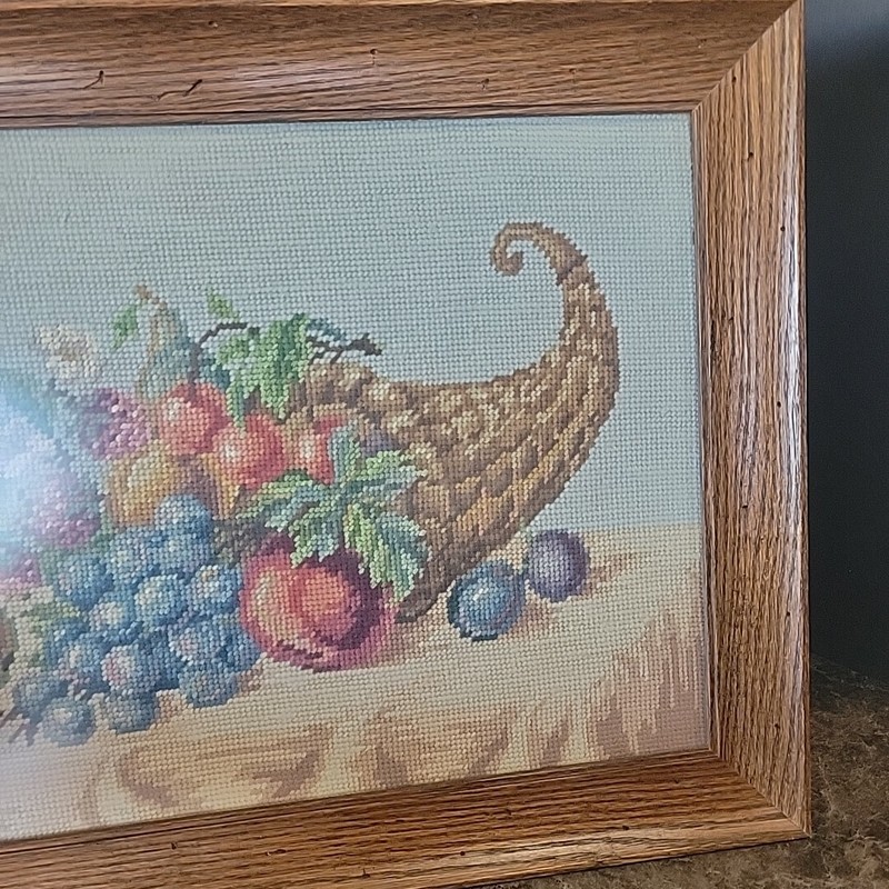 Antique dark wood frame Needle point cornecopia handmade Kitschy Eclectic 18x12" gallery
