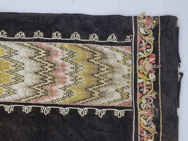 Antique Rare Italian Flame Stitch Velvet Textile Runner 122x22in gallery
