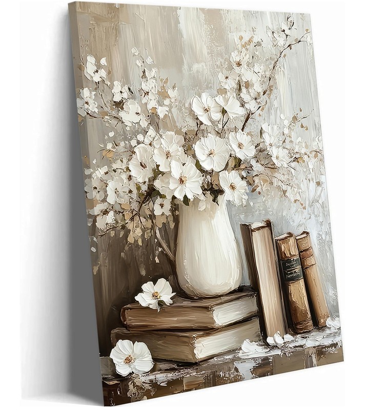 Vintage Books Canvas Wall Art Farmhouse Rustic Floral Painting Picture Wall D…