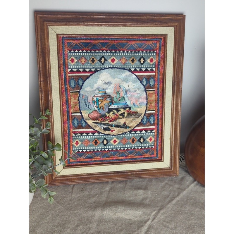 Vintage Southwestern Needlepoint Art Desert Still Life Pottery Scene 11×13